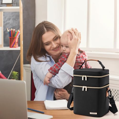 Breastmilk Cooler Bag with Ice Pack Fits 6 Baby Bottles Up to 9 Ounce, Double Deck Leak-Proof Baby Bottles Bag with Shoulder Strap for Nursing & Working Mom, - color: Black