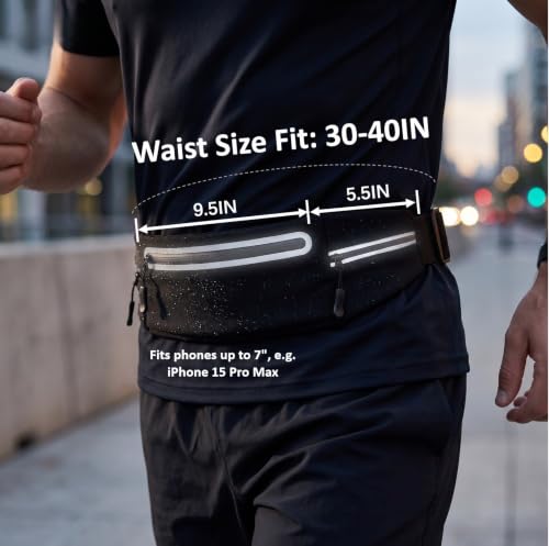 Running Belt for Women Men, Slim No-Bounce Waist Pack, Water Resistant Reflective Phone Holder Fits Phones up to 7.5 inch, Adjustable Fanny Pack for Running Jogging Hiking（Black） - color: Black