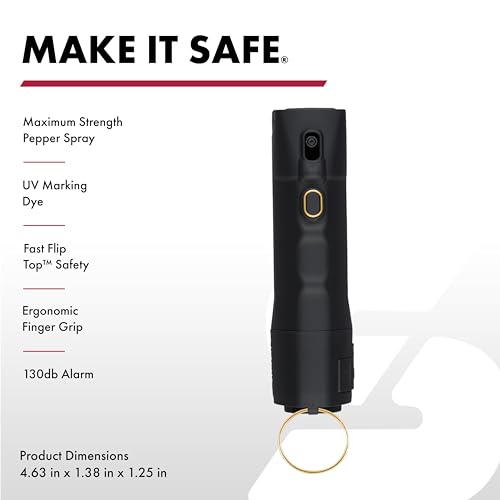 Sabre 2-in-1 Pepper Spray with 130dB Personal Alarm, Alert and Defend with One Press, Fast Flip Top Safety with Finger Grip and Tuck-Away Keyring, Maximum Strength, UV Marking Dye - color: Black