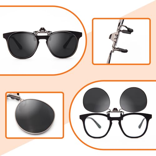JO Polarized Clip-On Sunglasses UV400 Anti-Glare Lenses with Metal Frame Round - color: Black, size: 52 mm