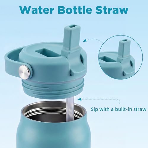 32 oz Insulated Water Bottle with Straw, Leakproof Stainless Steel Bottle with Handle, Non-Slip Silicone Sleeve, Internal Markings, Dishwasher Safe for Travel, Gym, Sports, Mint Blue - color: Mint Blue