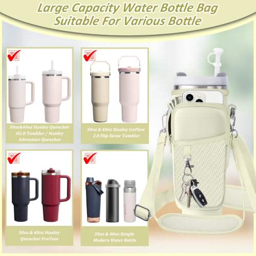 Water Bottle Carrier Bag for Stanley 40/30oz Cup Tumbler with Phone Pocket,Insulated Crossbody Water Bottle Holder with Adjustable Strap,Water Bottle Sling Pouch for Hiking Walking Camping Accessories - color: Beige