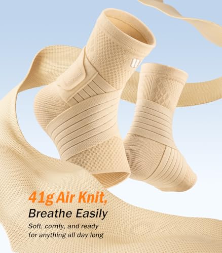 Low-Profile Ankle Braces for Women & Men, Customizable Ankle Compression Sleeve w/Wide Strap, Foot Support Wrap for Plantar Fasciitis Pain Relief, Achilles Tendonitis, Sprain, Beige, 1 Pair, S
