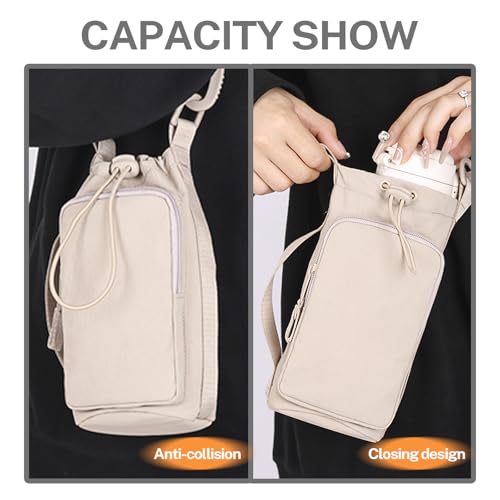 Water Bottle Holder with Phone Pocket for 40/32 oz,Water Bottle Holder/Sleeve with Adjustable Shoulder Strap and Charm. - color: Khaki