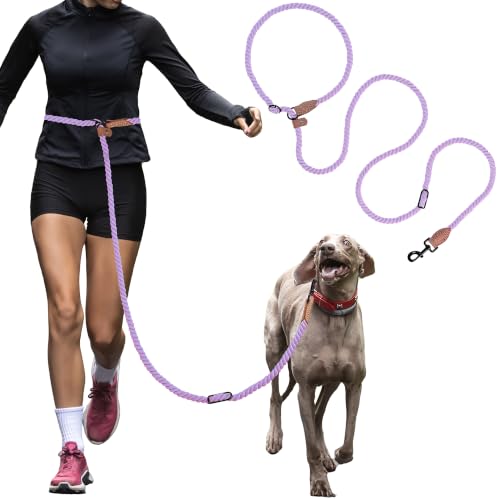Mile High Life Hands Free Dog Leash, Crossbody Waist Leash with Genuine Leather Connection, Multifunctional Adjustable Slip Lead for Dog Walking Running (Purple, 8FT) - color: Purple, size: 8FT Hands Free