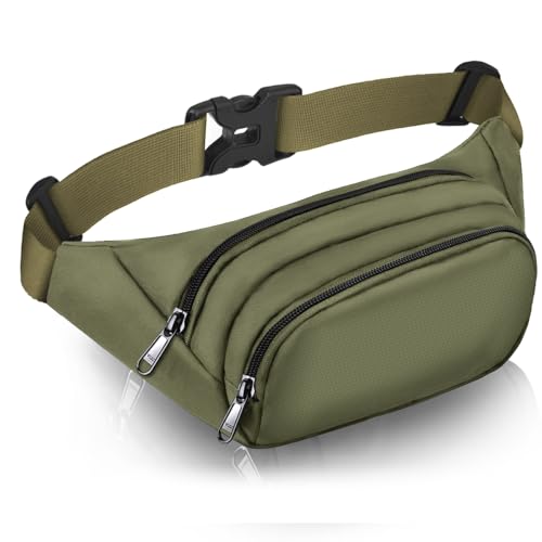 Large Fanny Pack for Women Men - Syican Waist bag with 3-Zipper Pockets - color: Army green
