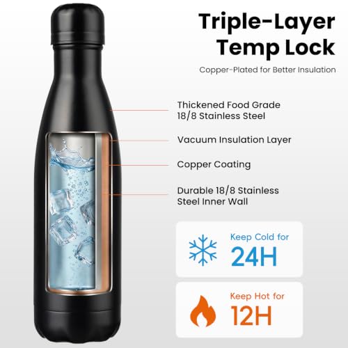 Konokyo 17 oz Insulated Stainless Steel Water Bottle, Midnight Black - color: Midnight Black, size: 17 Ounces