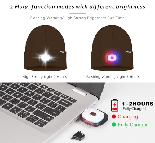 ATNKE LED Lighted Beanie Hat,USB Rechargeable 4 LED Red and Blue Flashing Running Headlamp Cap Gifts for Men and Women - color: #Coffee