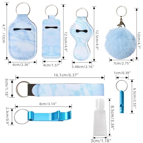 8 Piece Safety Keychain Set for Women, Blue Neoprene Wristlet Strap with Pom Pom, Whistle, Bottle Opener, Lipstick Holder, and Empty Bottle, 8-in-1 Utility for Students and Night Runners