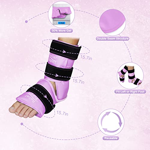 Relief Expert Ankle Ice Pack Wrap – Reusable Cold Gel Pack for Foot and Heel, Dual-Sided Design with Soft Plush Lining, Flexible Cold Compress for Achilles and Ankle Support, Pink - style: Purple-Pack 1