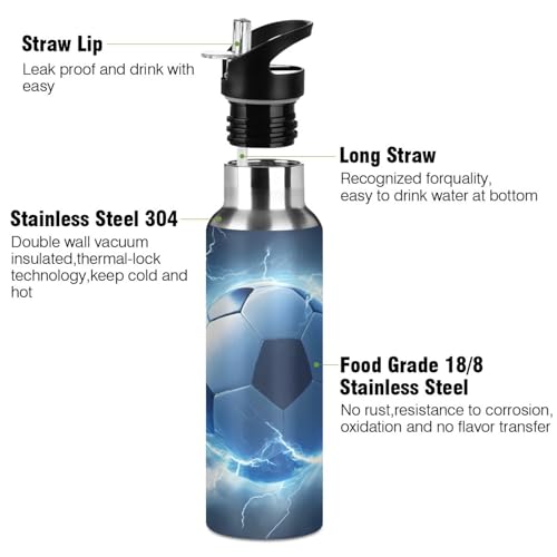 OTVEE Soccer Blue Lightning Water Bottle Sports Water Bottle Insulated Stainless Steel Hot Cold Water Mug with Straw Lid & Handle for Sports Gym 20 oz - color: Soccer Blue Lightning
