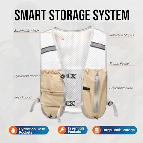 Hydration Backpack Lightweight Running Vest for Women Men with 500ml Soft Flask Hiking Daypack - color: Khaki+500ml Soft Flask