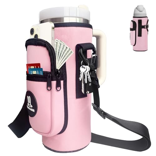 Sports rabbit Universal Water Bottle Holder with Strap & Phone Pocket - color: Pink, size: 40OZ