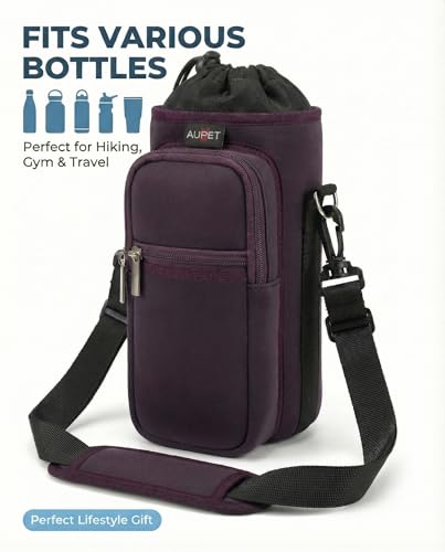 AUPET Water Bottle Sling Bag Sleeve Holder Carrier 25/32/40/64 oz,Insulated Crossbody Water Bottle Case Cover with Strap and Pockets for Men/Women Walking Hiking - color: Dark Cherry Brown, size: 40oz