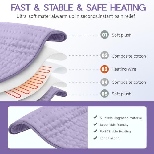 Heating Pad for Back Neck & Period Cramps, Auto Shut Off, Purple - color: Mineral Violet, size: 12'' x 24''