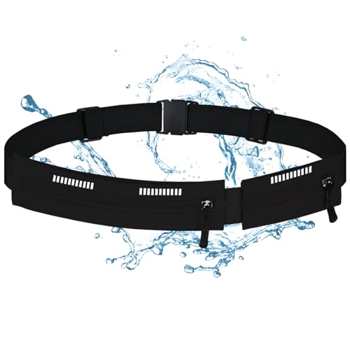 Running Belt Waist Pack, Orange, Dual Zippered Pockets, Adjustable Elastic Band with Reflective Strips (Black) - color: Black