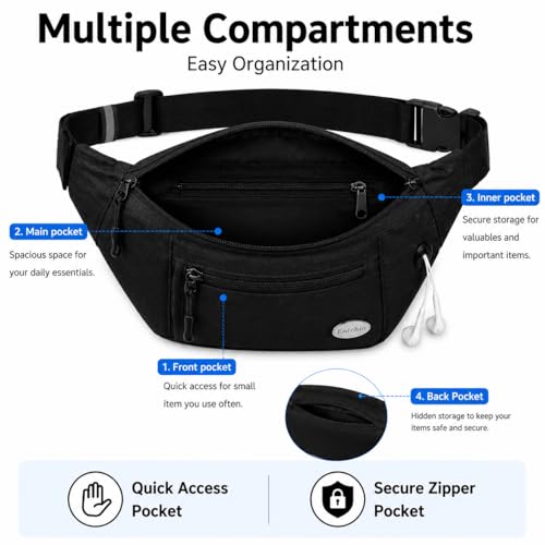 Entchin Water-Resistant Fanny Pack, 4-Zipper Belt Bag - color: Large Black