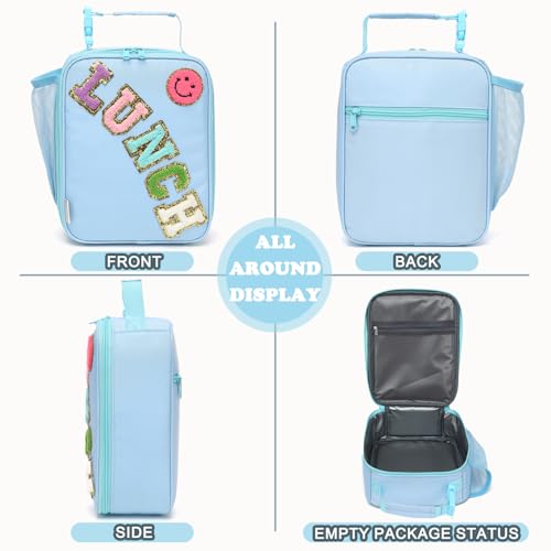 FlowFly Lunch box Insulated Soft Bag Mini Cooler Back to School Thermal Meal Tote Kit With Buckle and Mesh Side Pocket for Girls, Boys, BlueWithLetter - color: BlueWithLetter