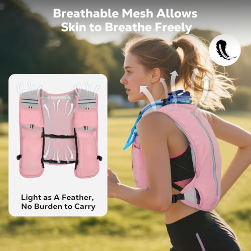 MoKo Running Hydration Vest for Men Women, Lightweight Hydration Pack with 1.5L Water Bladder - color: Pink