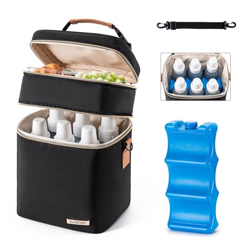 Breastmilk Cooler Bag with Ice Pack Fits 6 Baby Bottles Up to 9 Ounce, Double Deck Leak-Proof Baby Bottles Bag with Shoulder Strap for Nursing & Working Mom, - color: Black