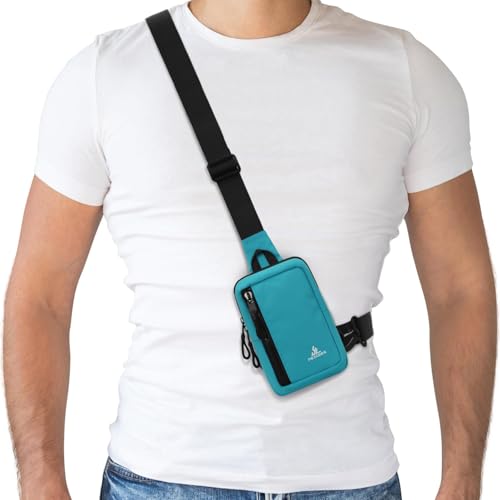 Peicees Small Crossbody Bag for Men Women Mini Sling Bag Travel Running Phone Daypack Cross Body Shoulder Bags with Keyholder - color: Light Blue