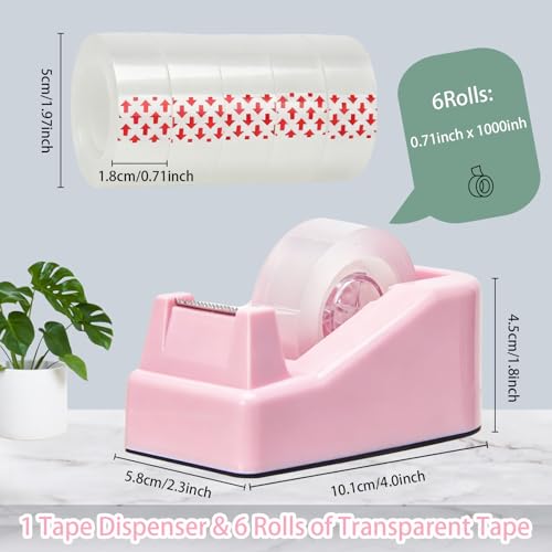 Tape Dispenser Desk,Desktop Tape Dispenser, Tape Dispenser with Weighted Non-Skid Base, Includes 6 Rolls Transparent Tape (0.71" x 1000"),Heavy Duty Tape Holder for Office, Home, School(Pink) - color: Pink