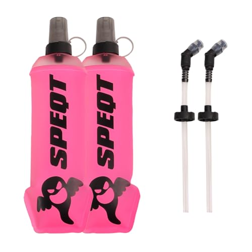 Soft Flask 2 Pack 500ml 16oz Collapsible TPU Water Bottle with Straw, Leak Proof for Hydration Pack Running Vest Hiking Cycling Marathon,Rose - color: Black (With straw) 2XPack