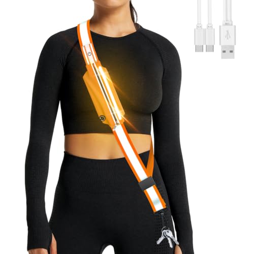 Ylzzrs LED Belt Reflective Sash for Walking at Night,High Visibility Adjustable Night Running Safety Gear,Light Up Running Belt Reflective Gear with Phone Bag/Armband for Runners Walkers Men Women - color: Orange