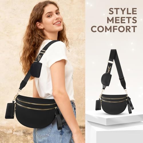 Cross Body Bag for Women Bum Bag Checkered Belt Bags Fanny Packs for Girls Travel Purse Fashion Waist Packs Crossbody Nylon Purse Trendy Shoulder Bags for Womens - color: Black