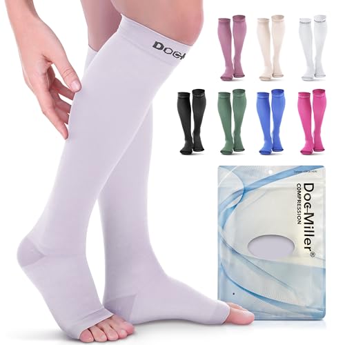 Doc Miller Open Toe Compression Socks, 20-30 mmHg, Knee High, Men & Women - color: Gray, size: Medium