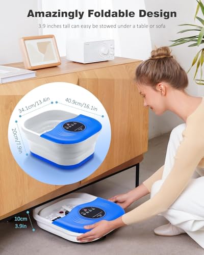 SPA4PIEDS Collapsible Heated Foot Spa Bath with Bubble, Foot Soaking Tub Featuring 8 Shiatsu Rollers, Pumice Stone and Built-in Timer for Mom, Dad and Foot Relaxation (Blue) - color: Blue
