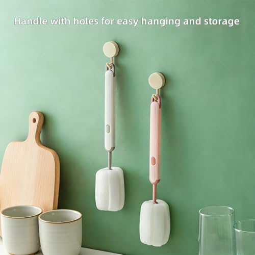 Bottle Brush Long Handle Cup Cleaner Brush Sponge Bottle Scrubber Detachable Handle Portable Sponge Cleaning Brush for Cups Wine Glasses Water Bottles Baby Bottles and Vacuum Flasks(3 PCS) - color: White, Blue, Pink