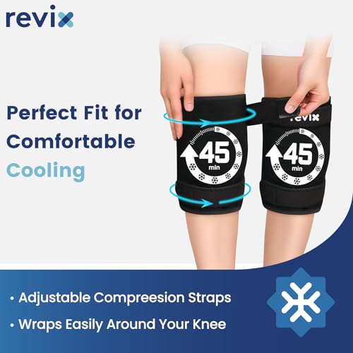 REVIX 2 Packs Knee Ice Pack Wrap, 45-Minute Long Lasting Ice Pack for Knee with Ice Grid Gel Design and REVIX Ice Packs for Injuries Reusable, 2 Packs Hot and Cold Pack with Adjustable Strap
