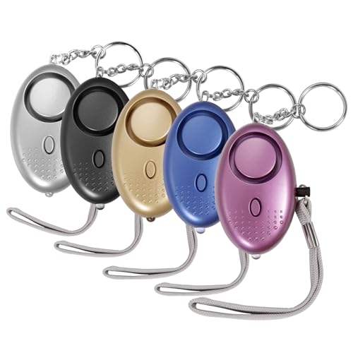 Personal Alarm for Women, 5Pcs 140dB Self Defense Keychain LED Light - color: Black, Silver, Purple, Gold, Blue