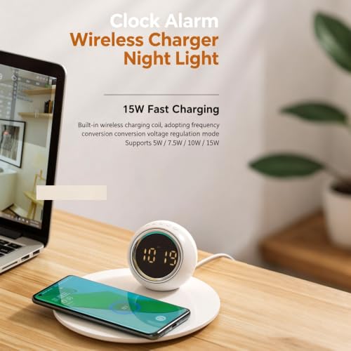 IHAO 3in1 Wireless Charging Station with Dual Alarm Clock & Night LightFast Wireless Charger for Phone iWatch Earbuds Touch Control Dimmable Bedside Lamp Elegant Design for Bedroom Desk K22T White - color: Wireless Charger Alarm Clock K22t White