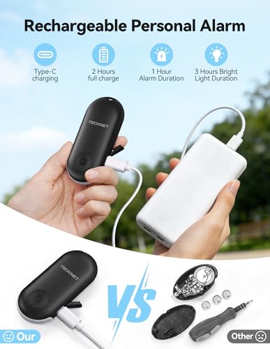 TECKNET Personal Safety Alarm, Rechargeable Personal Alarms for Women, 130dB Self Defense Keychain Alarm with Extra Loud Siren & Strobe Light , Gift for Women, College Girls, Teenagers, Seniors(Black) - color: Jet Black