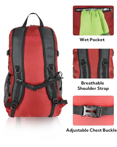 WATERFLY Lightweight Packable Hiking Backpack, 30L Day Pack Red - color: Red