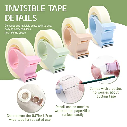 4 Pack Invisible Tape with Mini Dispenser Set 1/2 Inch Magic Tape Writable Transparent Tape Portable Repairing for Office School Home (4)