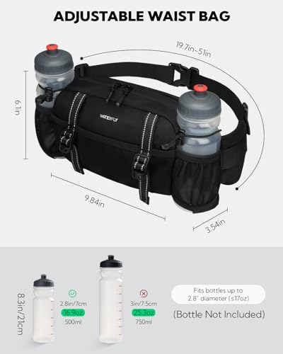 WATERFLY Large Hiking Fanny Pack: 3L Waist Bag with 2 Bottle Holders for Women Men - 9 Pockets & Adjustable Belt Lumbar Hip Packs for Travel Running Cycling Camping Workout (Bottles Not Included) - color: Black