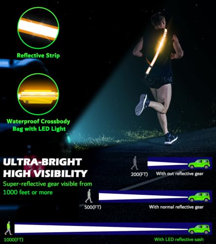 Ylzzrs LED Belt Reflective Sash for Walking at Night,High Visibility Adjustable Night Running Safety Gear,Light Up Running Belt Reflective Gear with Phone Bag/Armband for Runners Walkers Men Women - color: Orange
