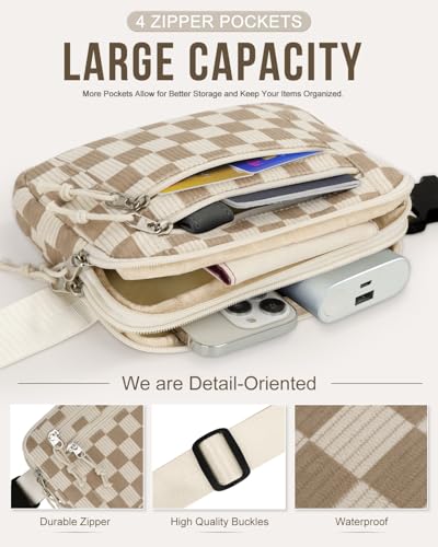 Capolo Fanny Packs for Women 4 Zip Pocket Crossbody Belt Bag Waist Bags - color: Khaki Square Grid, size: Large