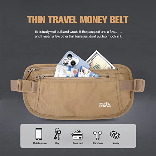 Unisex Money Belt with RFID Blocking Sleeves, Slim Passport Holder RFID Blocking Travel Essentials, Waist Pouch to Protect Cash, Beige & 6 Sleeves - color: Beige & 6 Sleeves, size: Medium