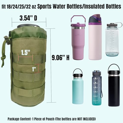 Tactical MOLLE Water Bottle Holder, Upgraded Water Bottle Pouch with Drawstring Open Top & Mesh Bottom, 16/24/25/32oz Water Bottle Carrier Bag with D-Ring Hook for Backpack - color: Green