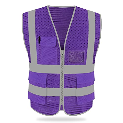HYCOPROT High Visibility Mesh Safety Reflective Vest with Pockets and Zipper, Meets ANSI/ISEA Standards - color: Purple, size: Medium