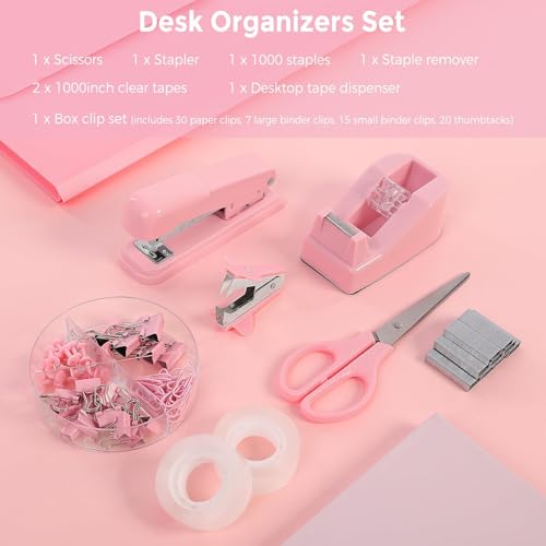 SKYDUE Pink Stapler and Tape Dispenser Set, Pink Office Desk Accessories - color: Pink