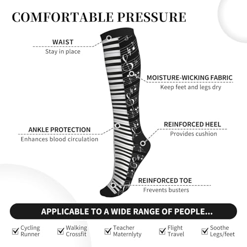 Compression Socks, Unisex 15-20 mmHg Knee High Support Socks - color: Piano Music