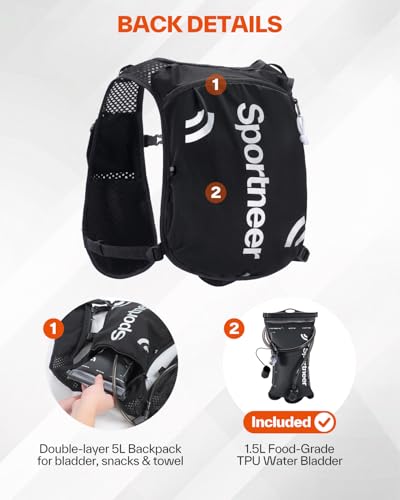 Sportneer Hydration Backpack: Running Vest with 1.5L Water Bladder & Reflective Strips - Lightweight Hydration Vest Backpack for Running Hiking Biking Cycling for Women Men