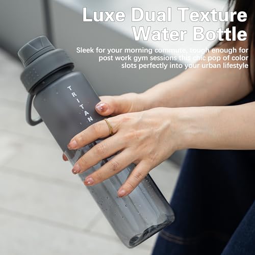 OLDLEY 32 oz Water Bottle with Handle, BPA-Free Tritan Reusable Sports Water Bottle with Leak-Proof Dust Lid, Wide Mouth, Cup Holder Friendly, Half Frosted Clear Bottle for Gym, Travel, Work,Gray - color: Gray