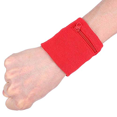 Zipper Wrist Pouch, Cotton Running Armband with Secure Pocket for Keys Cash Phone Fitness Tracker for Jogging Workout Sports (Red)