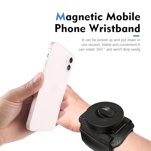 Magnetic Wristband Phone Holder for Running, Adjustable Suction Outdoor Sports Arm Strap, Hands-free Navigation Armband Mount, Phone Carrier for Biking Walking Jogging Hiking (Black)
